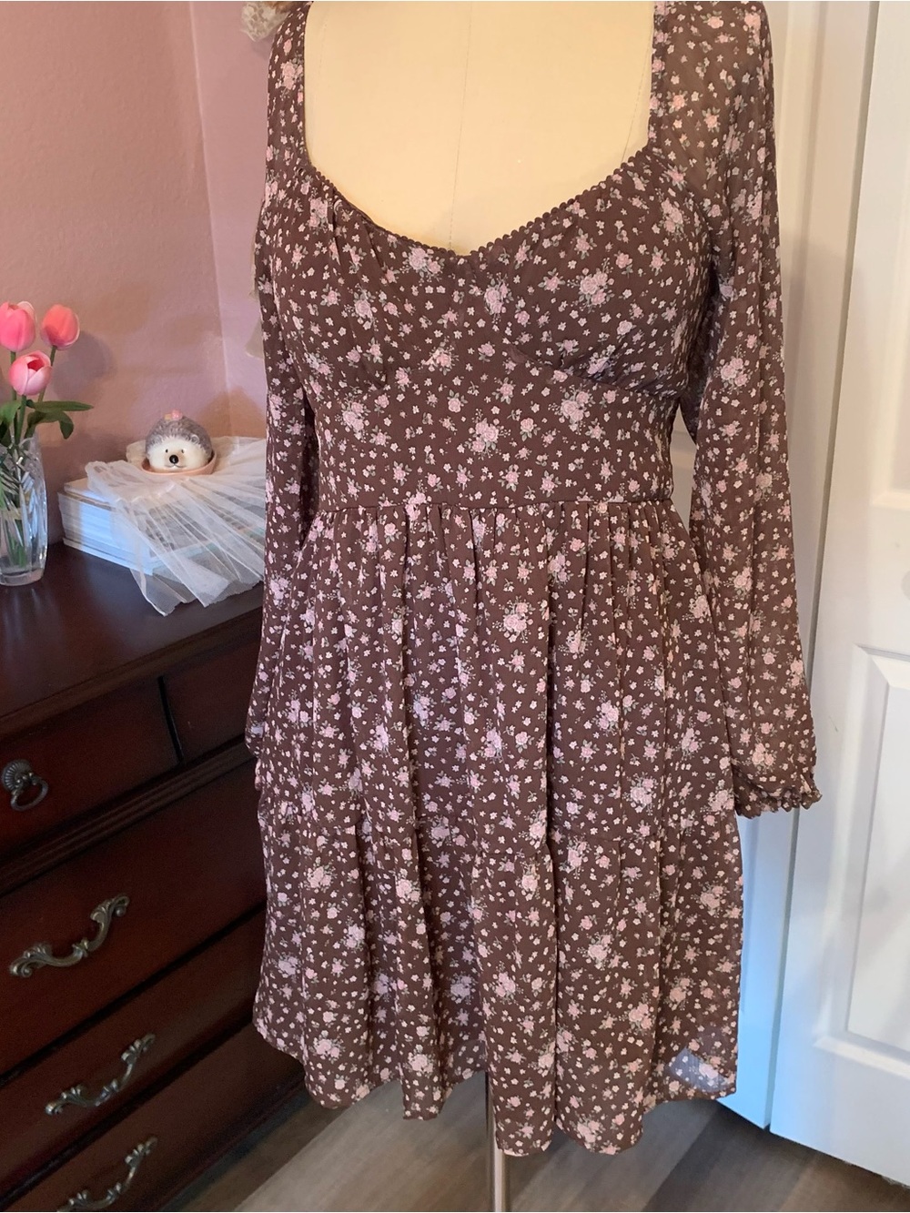 DEREK HEART Women's Mini Brown Floral Long-Sleeve Dress - Pink Floral Print